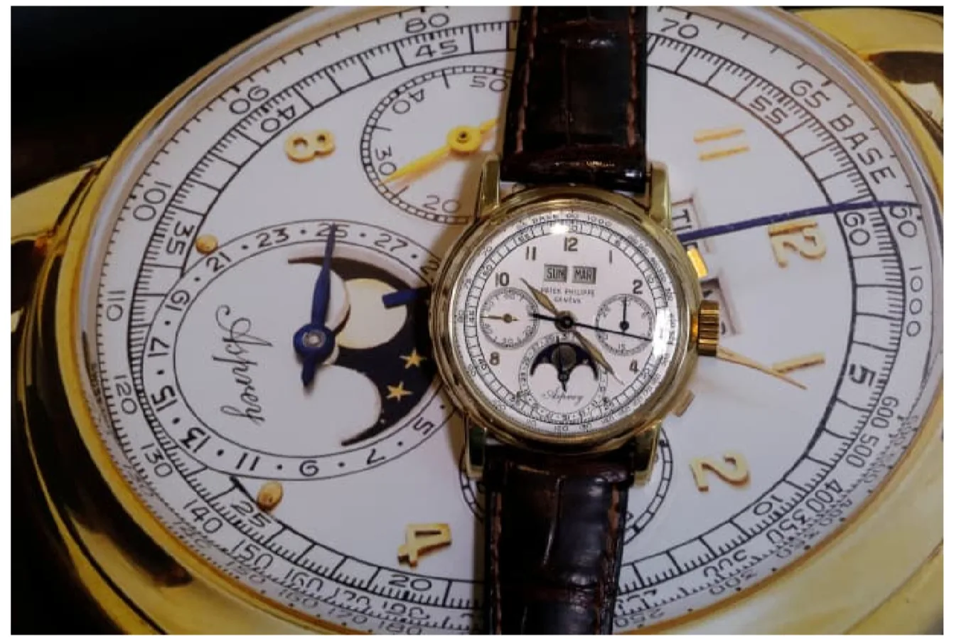 ‘The Asprey,’ a Patek Philippe perpetual calendar chronograph, pictured before it sold at Sotheby’s for $3.88 million in 2018.