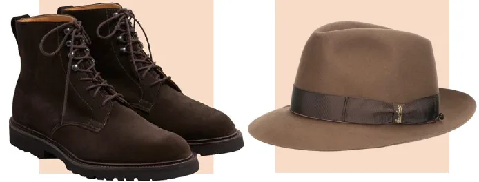 From left: Thom Sweeney Suede Derby Boots, $875; Borsalino Beaver Medium Brim Hat, $875