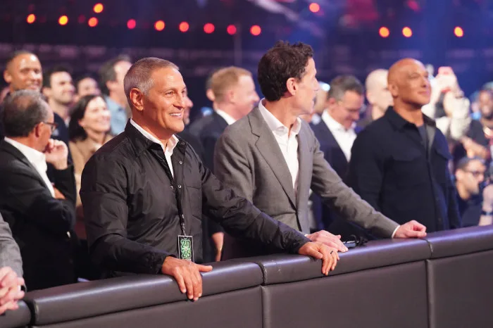Ari Emanuel and Mark Shapiro, a fellow executive at TKO Group Holdings, at a WWE event. WWE.